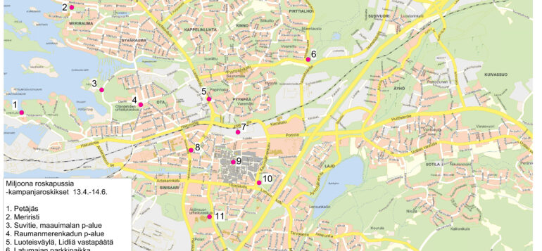 Miljoona roskapussia -kampanjan roskisten sijainnit.