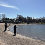 Opiskelijoita haravoimassa Otanlahtea.