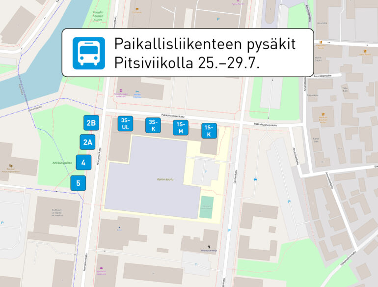 Paikallisliikenteen pysäkit Pitsiviikolla 2023.