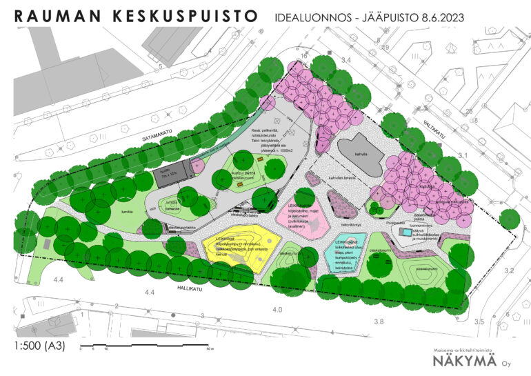 Rauman Keskuspuisto, idealuonnos - jääpuisto, 8.6.2023, Maisema-arkkitehtitoimisto Näkymä Oy.