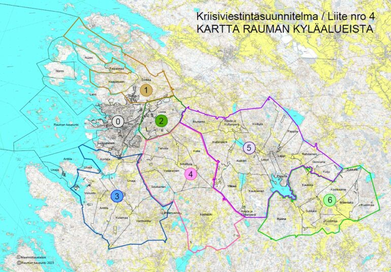 Kartta Rauman kylä-alueista.
