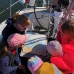 Partiotytöt veneessä katsomassa karttaa.