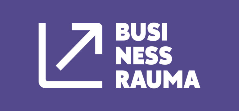 Business Rauma -logo lilalla pohjalla