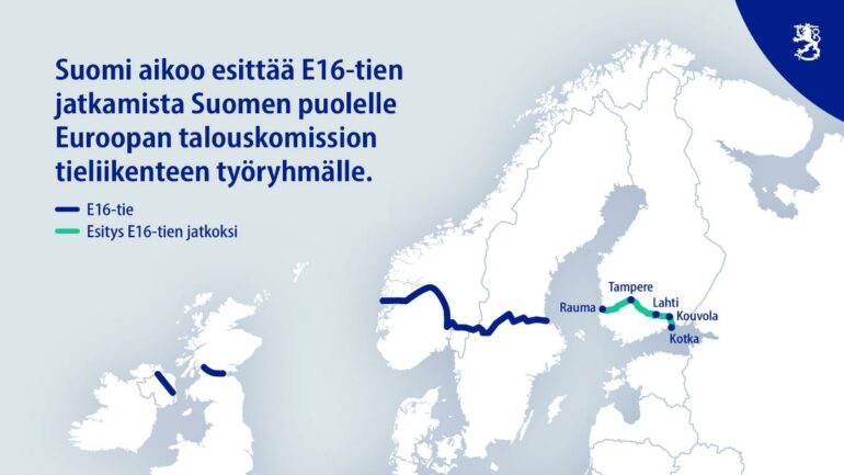 Nykyinen E16-tie ja Suomen puolelle suunniteltu jatke, jota Suomi aikoo esittää.