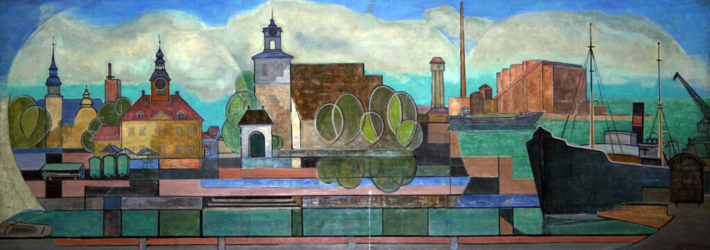 Kosti Koskinen, Rauma (eteishallin kilpailutyö, luonnos), 1961, öljy kankaalle, 179 x 501 cm.