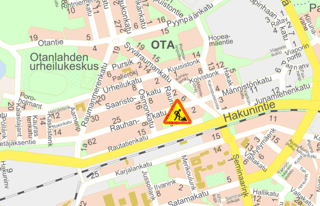 Rauniokatu, tietyömerkki kartalla.