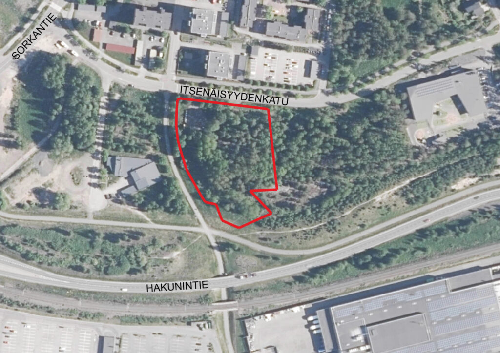 Leikarinkadun pysäköintialueen ilmakuva.