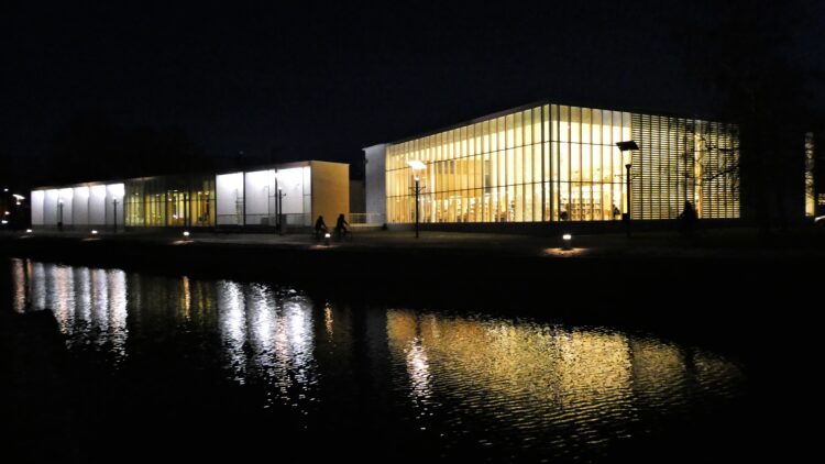 Main library photographed from outside in the evening light.
