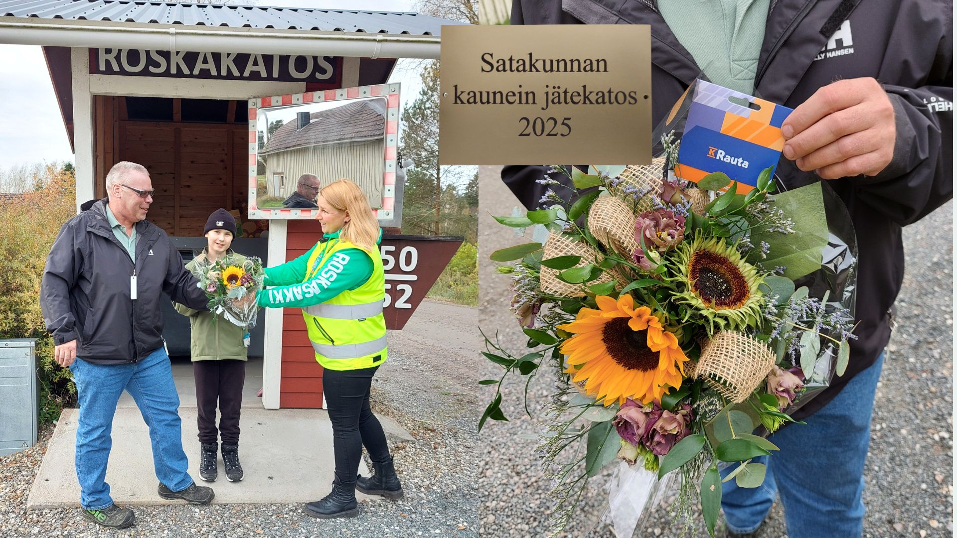 Kuvassa jäteneuvoja ojentaa kukkakimpun voittajalle.