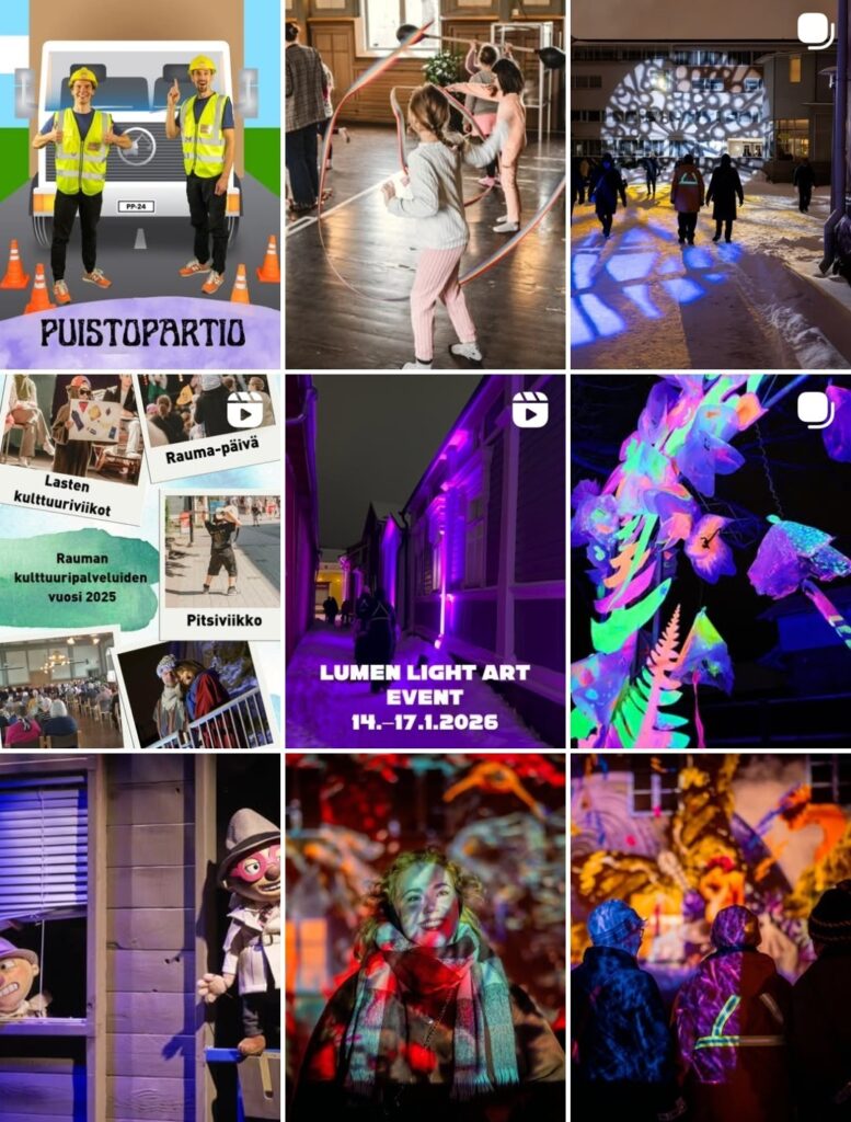 9 ruutua somekuvia kultturipalveluiden tapahtumista.