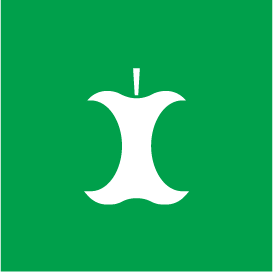The image is a pictogram for biowaste. It is on a green background and has an apple core on it.