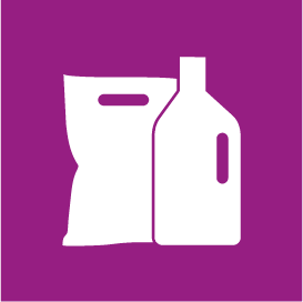 The image is a pictogram for plastic packaging. It is on a purple background and shows, for example, an empty juice bottle.