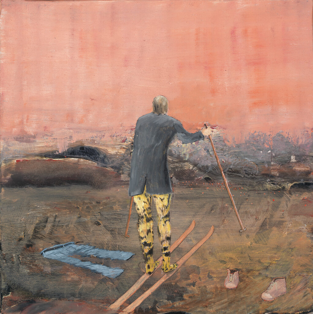 Maalaus kuvaa hiihtävää miestä erämaata muistuttavassa ympäristössä. Farkkunsa ja kenkänsä riisunut mies kuvataan selin katsojaan ja hänet on puettu harmaaseen puvun takkiin. Hahmon jalat muistuttavat kissaeläimen keltamustaa turkkia. Taustalla siintävä maisema on jätetty viitteelliseksi pintamuotoineen.