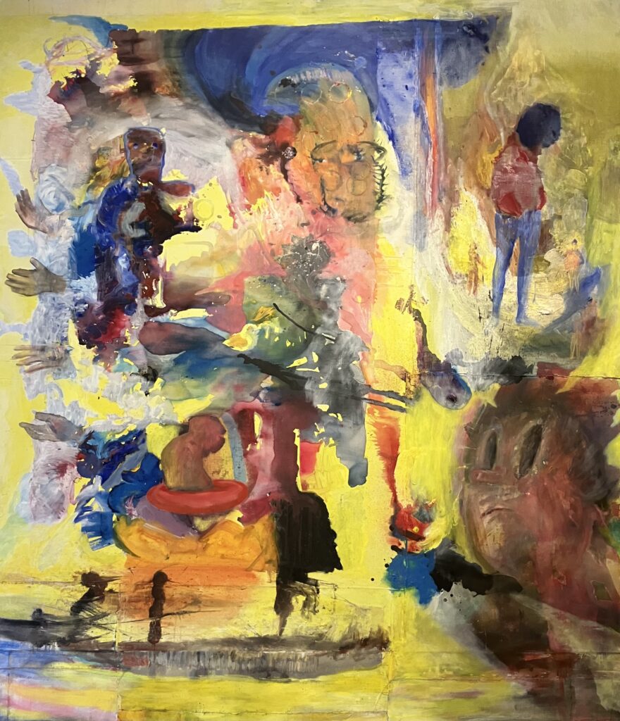 Paavo Paunu's painting. Base color is yellow and on top of it different shapes of multiple different colors that forms shapes of humans and body parts like hands and heads.