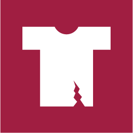 The image is a pictogram for a end-of-life textile. It is on a dark red background and shows a torn shirt/textile.