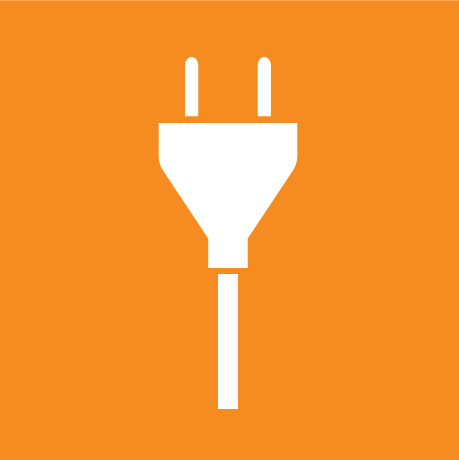 The image shows a pictogram for electrical waste. It is on an orange background and shows a picture of an electrical appliance plug.