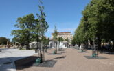 Photo of cherry trees in Central Park, with the café building visible in the background.