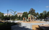 Photo of playground equipment in the renovated Rauma Central Park.