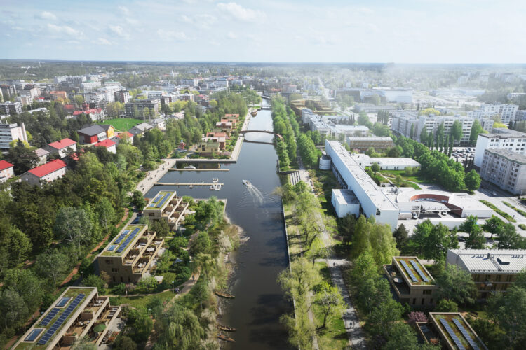 Havainnekuva Kanalin tulevaisuudesta osana Rauman keskustavisio 2050:tä. Ilmakuvassa Kanalin rantoja reunustavat puistomaiset viheralueet, puusto, kävelyreitit ja uusi asutus, jotka muodostavat viihtyisän kaupunkiympäristön veden äärelle.