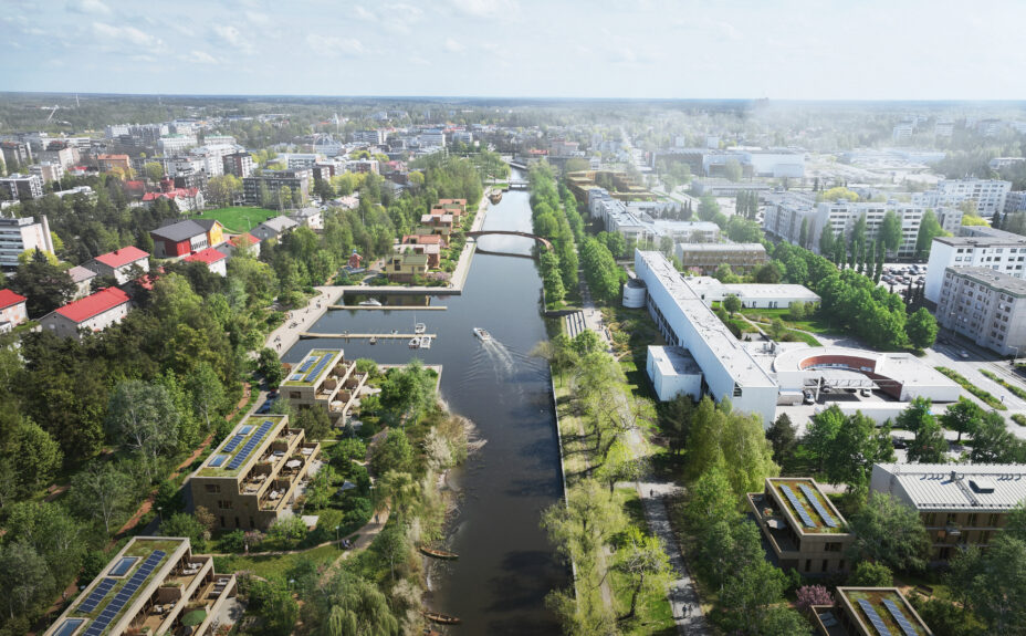 Havainnekuva Kanalin tulevaisuudesta osana Rauman keskustavisio 2050:tä. Ilmakuvassa Kanalin rantoja reunustavat puistomaiset viheralueet, puusto, kävelyreitit ja uusi asutus, jotka muodostavat viihtyisän kaupunkiympäristön veden äärelle.