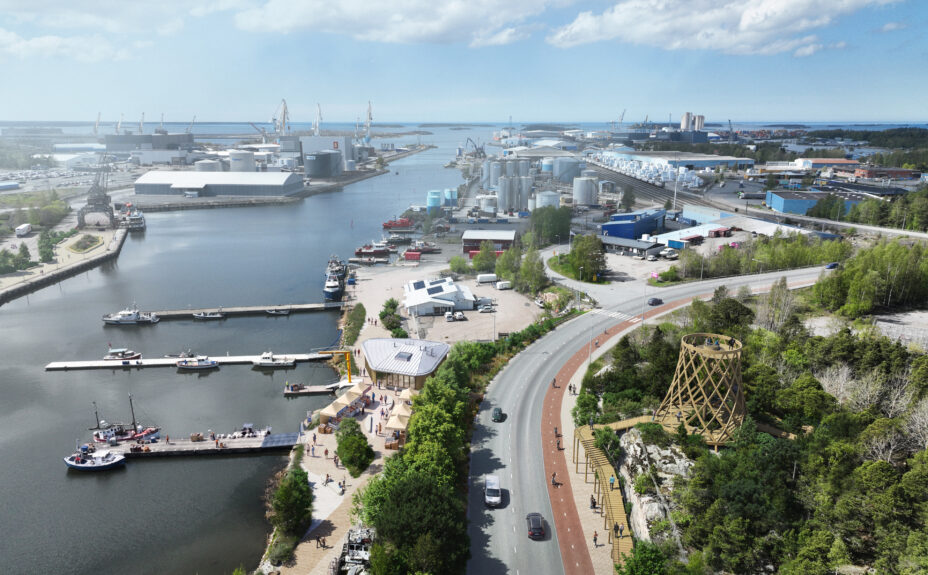 Rauman keskustavisio 2050:n havainnekuva Rauman sataman alueesta. Ilmakuvassa näkyy vehreä ympäristö, uusi kävelyreitti sekä lintutorni sataman läheisyydessä.