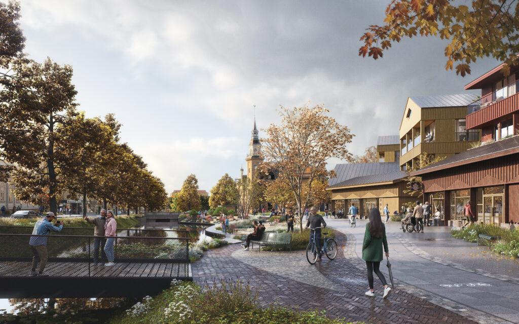 Rauman keskustavisio 2050:n havainnekuva Tarvontorista syksyllä. Kuvassa näkyy ruskan sävyttämiä puita, Kanalin ylittävä tuleva silta, uusia kävelyreittejä, paljon ihmisiä sekä taustalla kaupungintalo.
