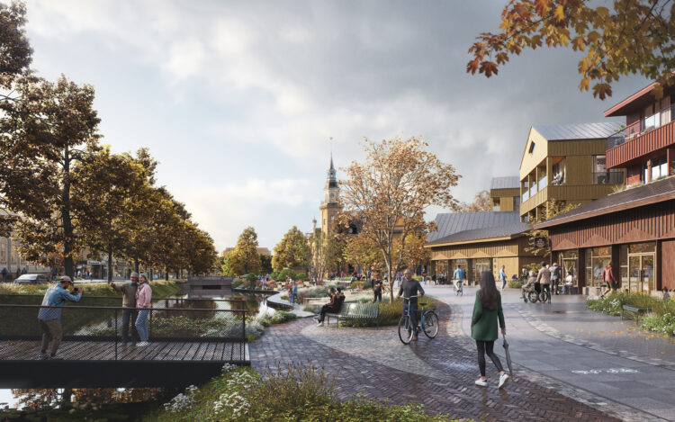 Rauman keskustavisio 2050:n havainnekuva Tarvontorista syksyllä. Kuvassa näkyy ruskan sävyttämiä puita, Kanalin ylittävä tuleva silta, uusia kävelyreittejä, paljon ihmisiä sekä taustalla kaupungintalo.