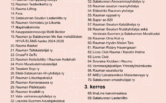 Hyvän arjen messujen karttaselite. Kuvassa luetellaan näytteilleasettajat ja ohjelmasisällöt tiloittain: liikuntasali, aula 2. kerros, Sydäntila, 3. kerros, budotila, peilisali ja nuorisotila Viklo. Toimijat on numeroitu vastaamaan tapahtumakartan osastopaikkoja.