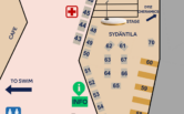 Floor map of the Everyday Wellbeing Fair. Sydäntila is located in the centre of the event area with a stage nearby. Numbered exhibitor stands are arranged around the edges of the space. The map shows the information desk, first aid point, café, toilets, stairs and access routes to the gym, Mirror Hall, Hall 1, Theater Room, Gallery Triangle, classrooms and the Viklo youth space.