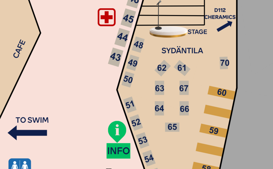 Floor map of the Everyday Wellbeing Fair. Sydäntila is located in the centre of the event area with a stage nearby. Numbered exhibitor stands are arranged around the edges of the space. The map shows the information desk, first aid point, café, toilets, stairs and access routes to the gym, Mirror Hall, Hall 1, Theater Room, Gallery Triangle, classrooms and the Viklo youth space.