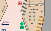 Hyvän arjen messujen pohjakartta. Sydäntila sijaitsee kartan keskellä ja lavan edessä. Näytteilleasettajien paikat on numeroitu alueen reunoille. Kartassa on merkitty info, ensiapupiste, kahvila, wc:t, portaat sekä kulkureitit liikuntasaliin, peilisaliin, saliin 1, teatteritilaan, Galleria Kolmioon, opetustiloihin ja nuorisotila Vikloon.