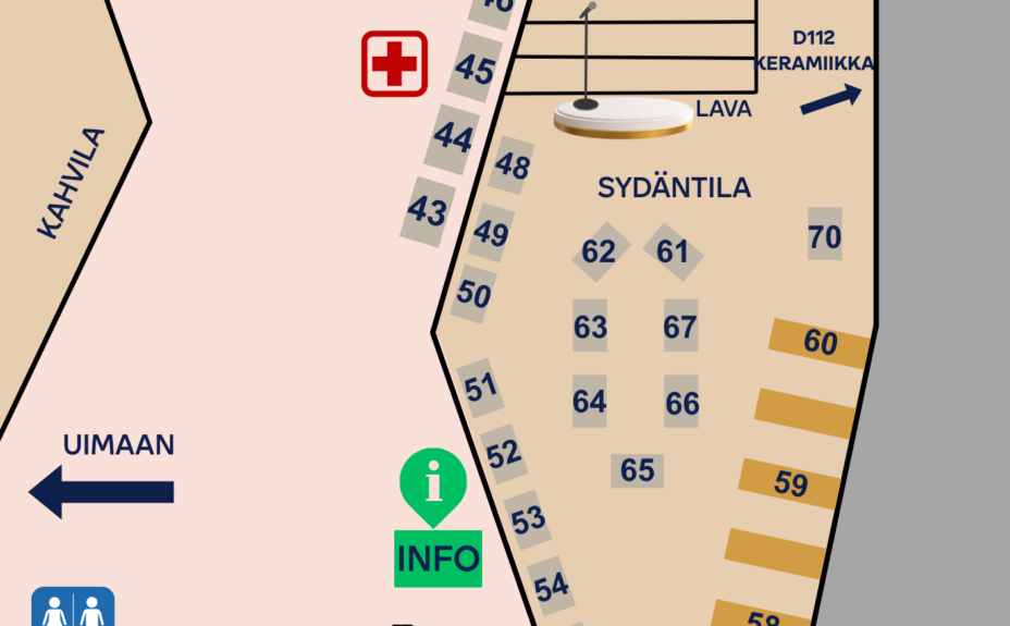 Hyvän arjen messujen pohjakartta. Sydäntila sijaitsee kartan keskellä ja lavan edessä. Näytteilleasettajien paikat on numeroitu alueen reunoille. Kartassa on merkitty info, ensiapupiste, kahvila, wc:t, portaat sekä kulkureitit liikuntasaliin, peilisaliin, saliin 1, teatteritilaan, Galleria Kolmioon, opetustiloihin ja nuorisotila Vikloon.