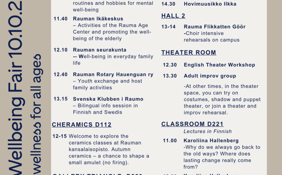 Programme for the Everyday Wellbeing Fair on 10 October 2026. The programme is provided in text format alongside the image.