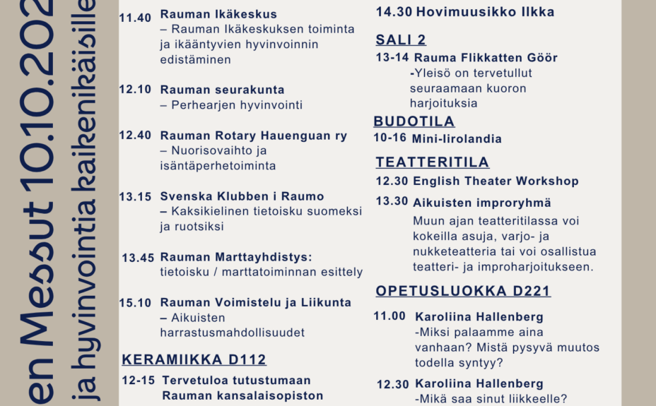Hyvän arjen messujen ohjelma 10.10.2026. Ohjelma on esitetty tekstimuodossa kuvan yhteydessä.