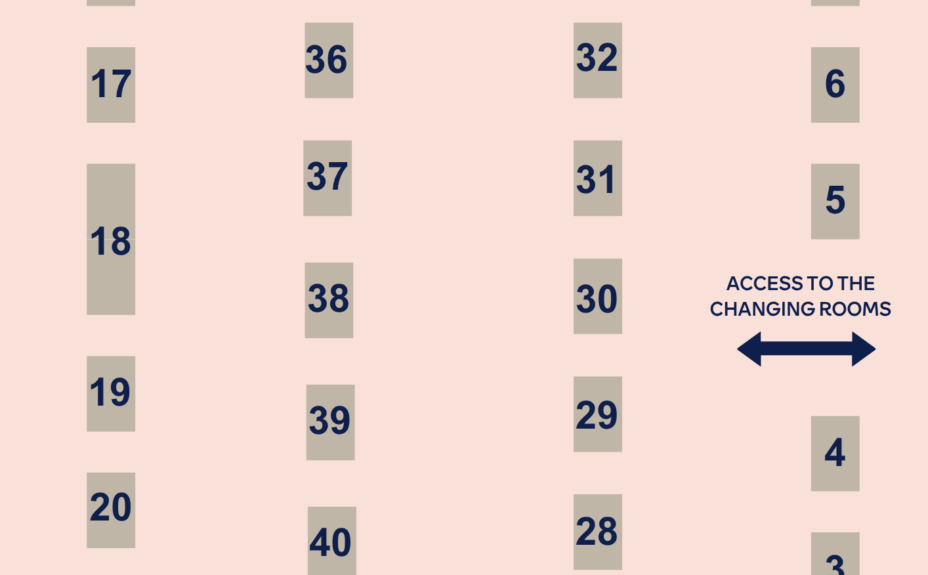 Exhibitor map of the Everyday Wellbeing Fair. The map shows numbered exhibitor stands (1–42) and access routes to the changing rooms, dojo and gym.
